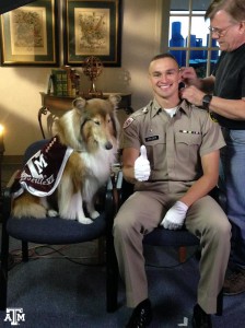 Texas A&M mascot Reveille and Cadet Ryan Kreider 